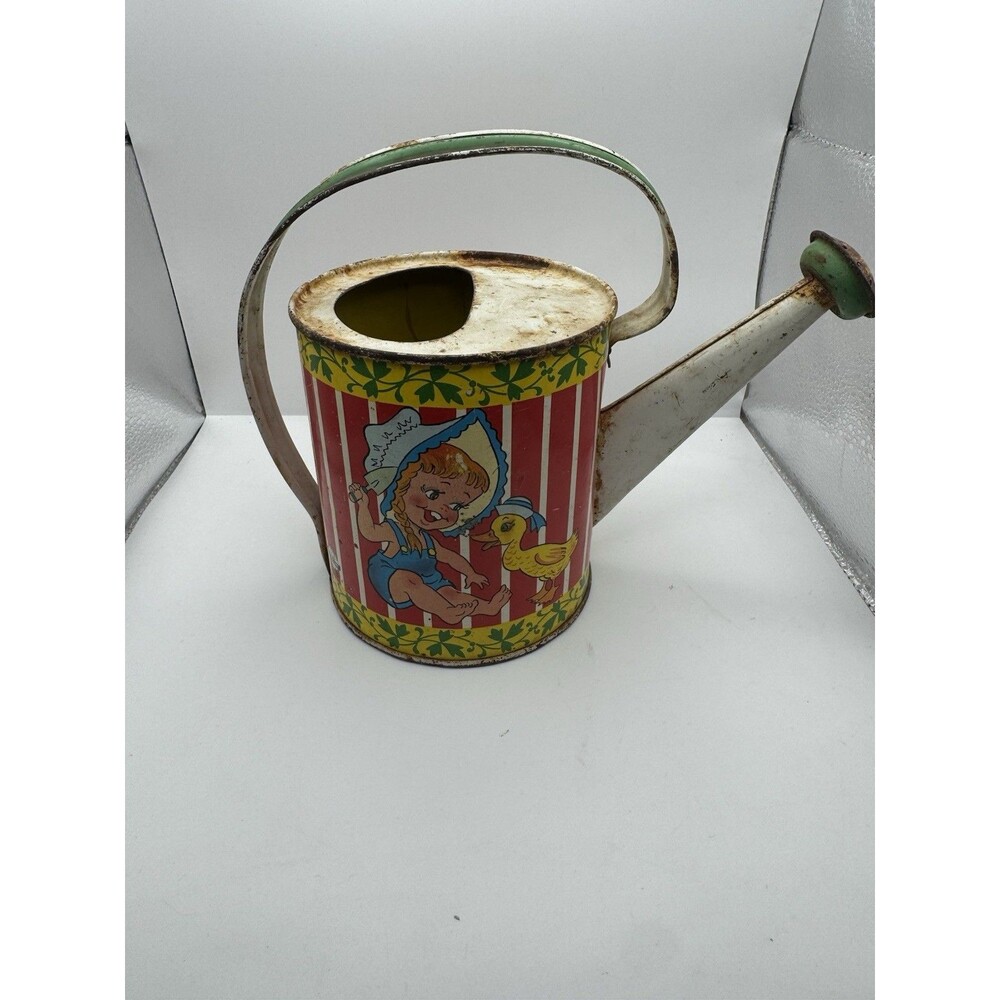 Vintage Ohio Art Tin Litho Toy Metal Child’s Watering Can Dutch Boy & Girl